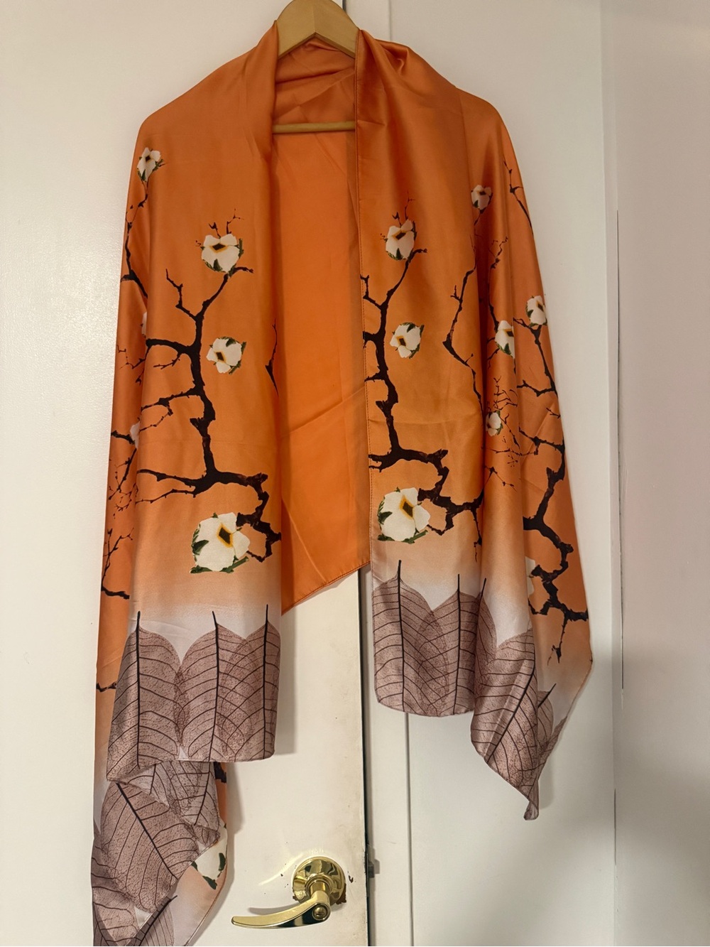 Elegant Orange Floral Draped silk feeling shawl( New)